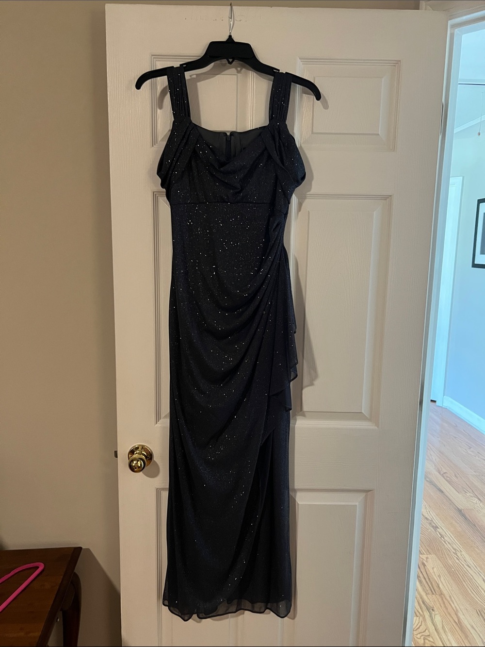 Alex Evenings Gray/Blue Sparkle Draped Maxi Dress